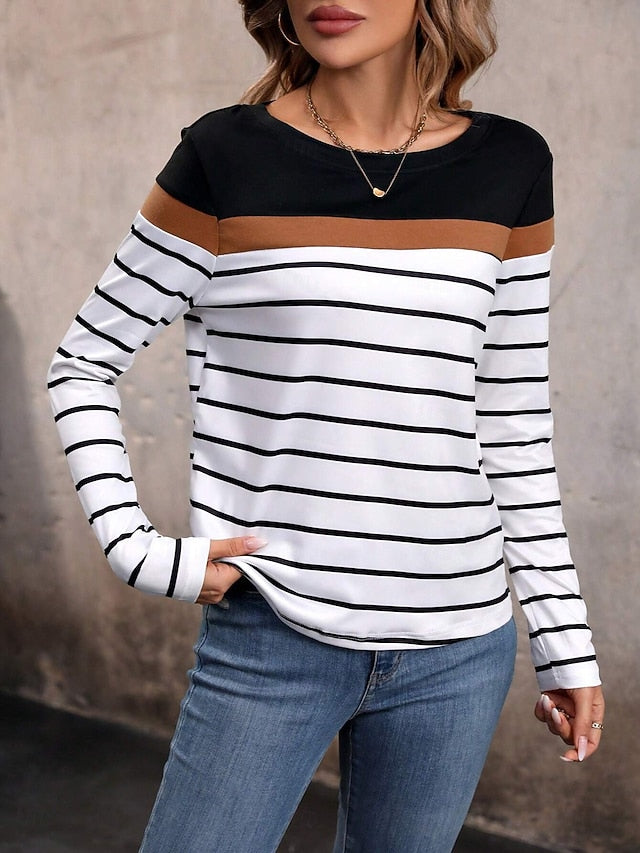 Women's T shirt Crew Neck Long Sleeve Tunic Color Block