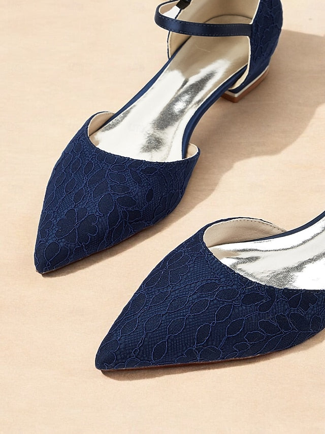 and Navy Lace with Pointed Women's Flats Strap Ankle Blue