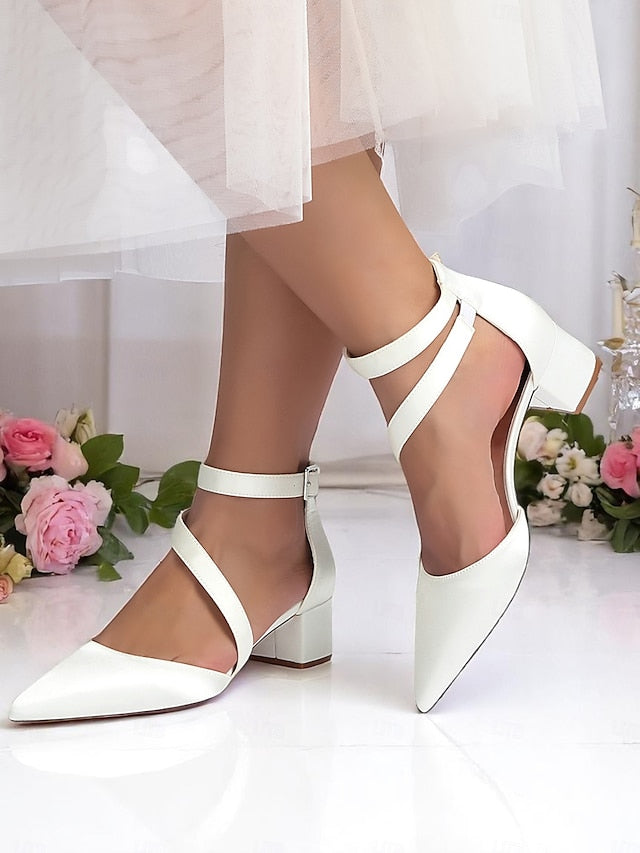 Women's Block Pointed - Satin Toe Champagne Heels