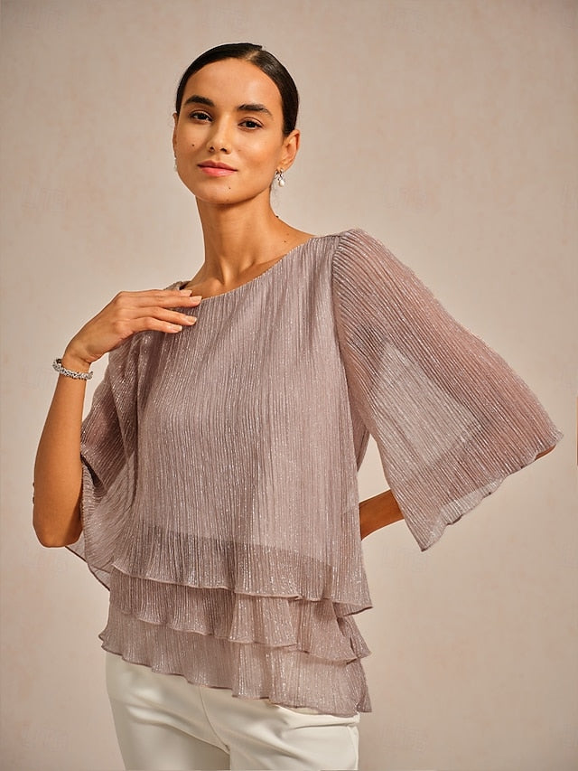 Women's Blouse Chiffon Tops Lace Tops Ruched Glitter Solid