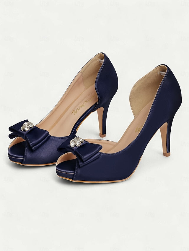 Peep and Champagne Toe Heels with Women's Bow Satin