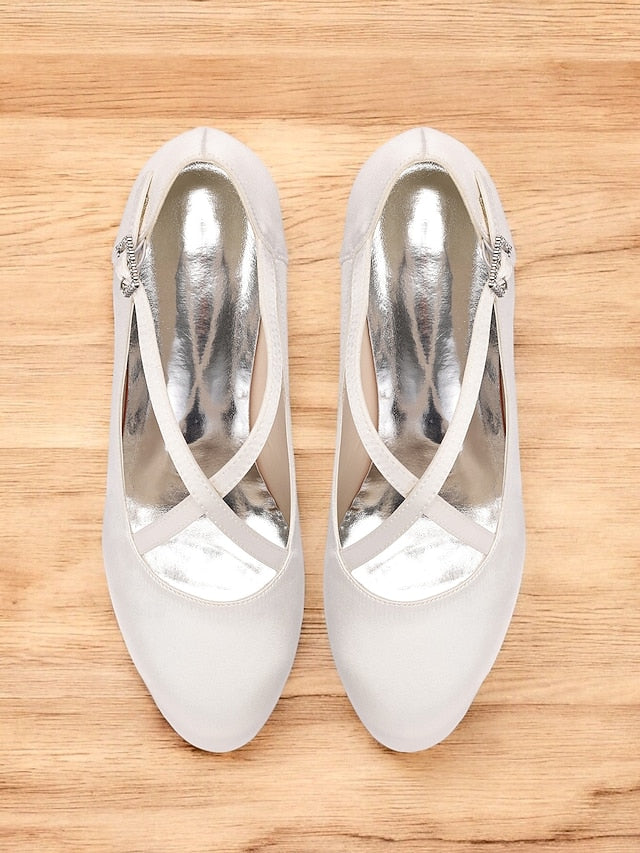 Rhinestone – Satin Buckle Heels with Elegant Cross-Strap White