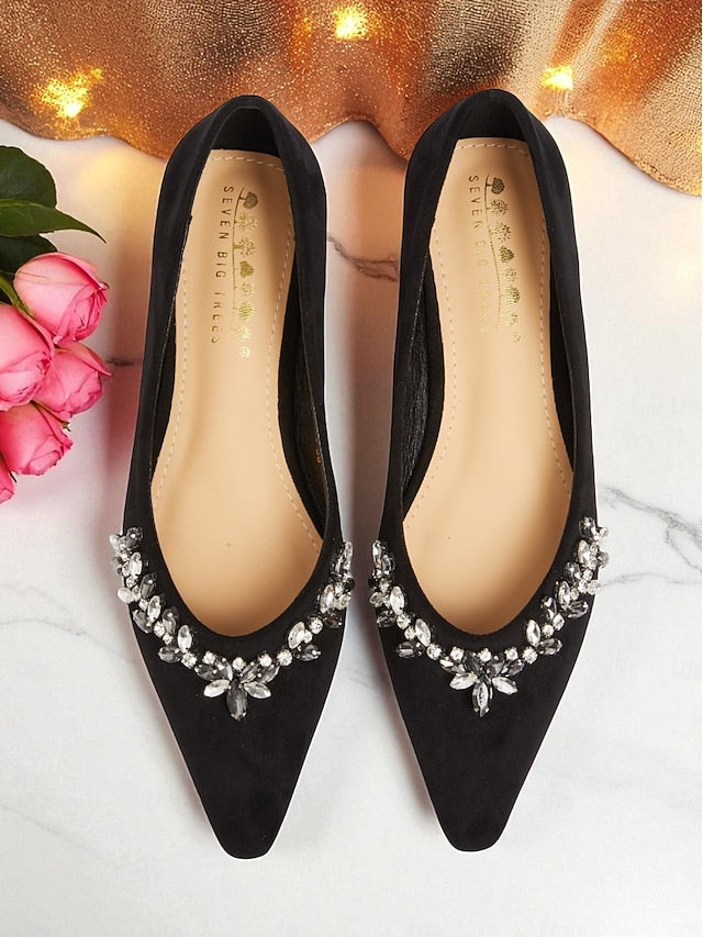 Women's Black Suede Pointed Rhinestone Toe with Flats