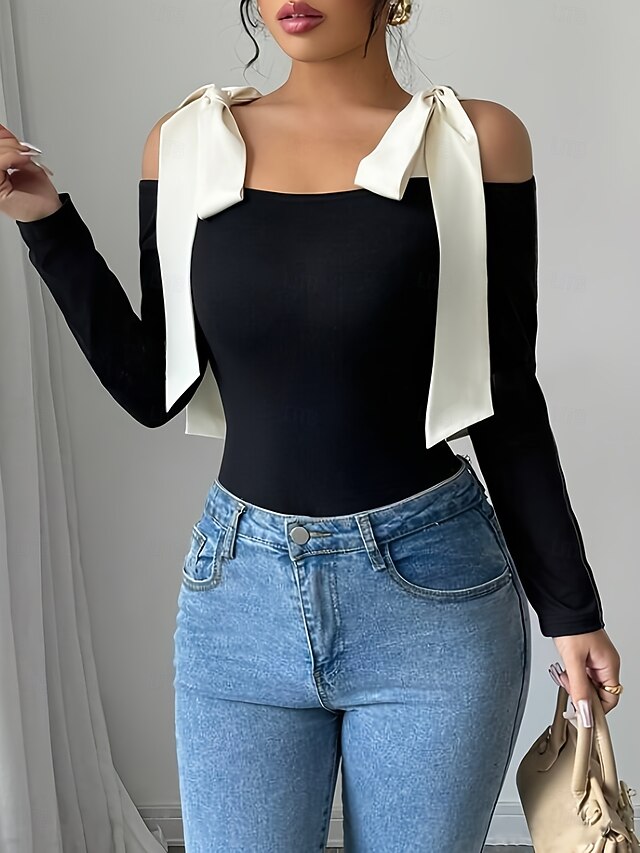 Women's Cold Shoulder Tops Bow Graphic Plain Elegant