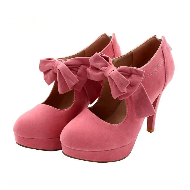 Platform Bow Pumps Heel – Suede High Vintage Red Women's