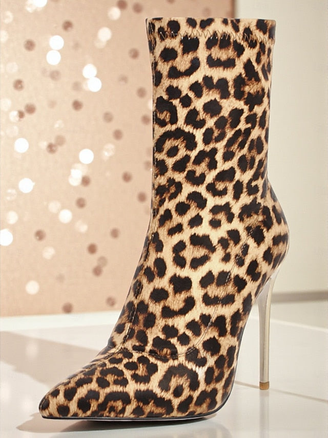 - Pointed Leopard Women's Print Sexy Stiletto Ankle Boots