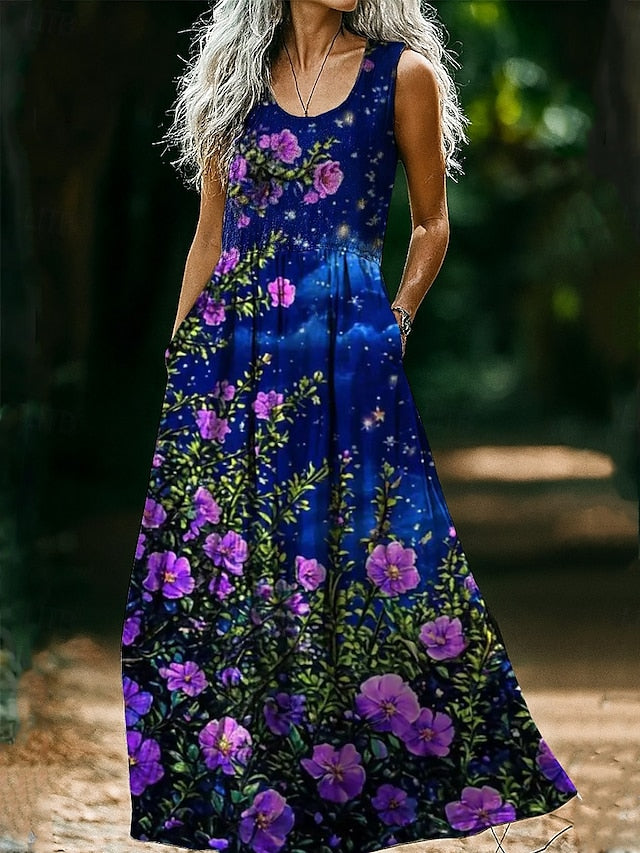 Women's Boho Floral Art Print Vintage Dress Vacation Casual