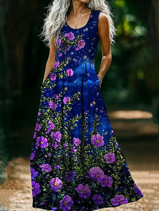 Women's Boho Floral Art Print Vintage Dress Vacation Casual