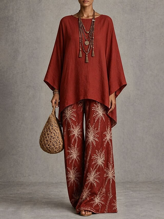 Women's Pants Sets Long Sleeve Round Neck Graphic Leaves