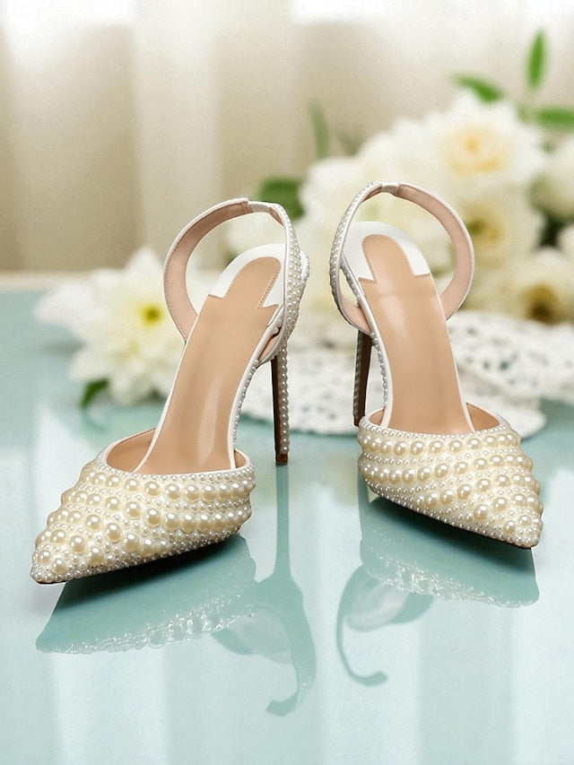 Women's - Heels Pearl-Embellished Slingback White Leather