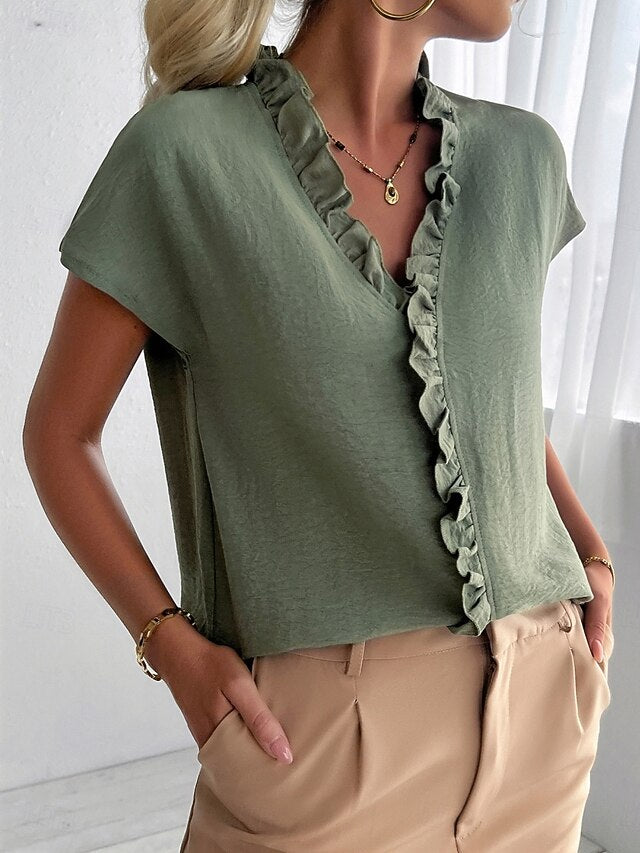 Women's Blouse Ruffle Patchwork Solid Color Stylish Basic