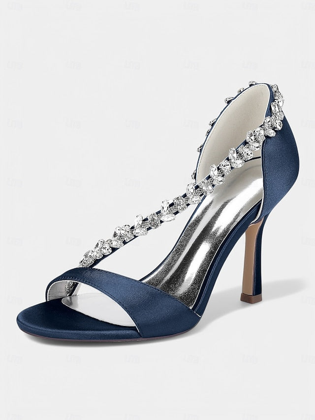 Crystal Heels Satin Champagne Women's – T-Strap with High