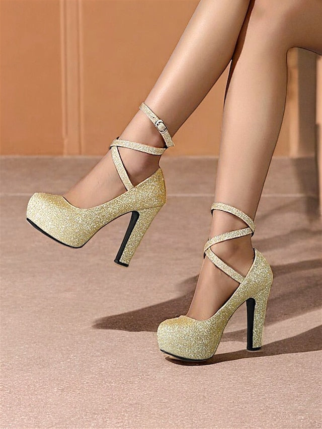 with Ankle Pink – Women's Strap Glitter Platform Heels