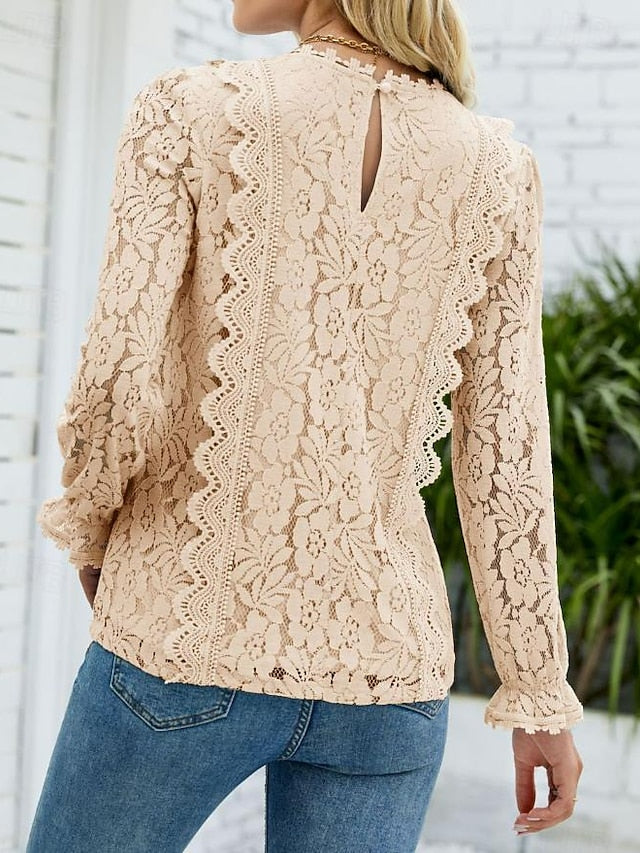 Women's Elegant Lace Tops Eyelet Blouse Elegant Solid Color