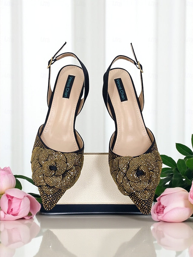 Rhinestone with Matching Women's Gold Slingback Pumps