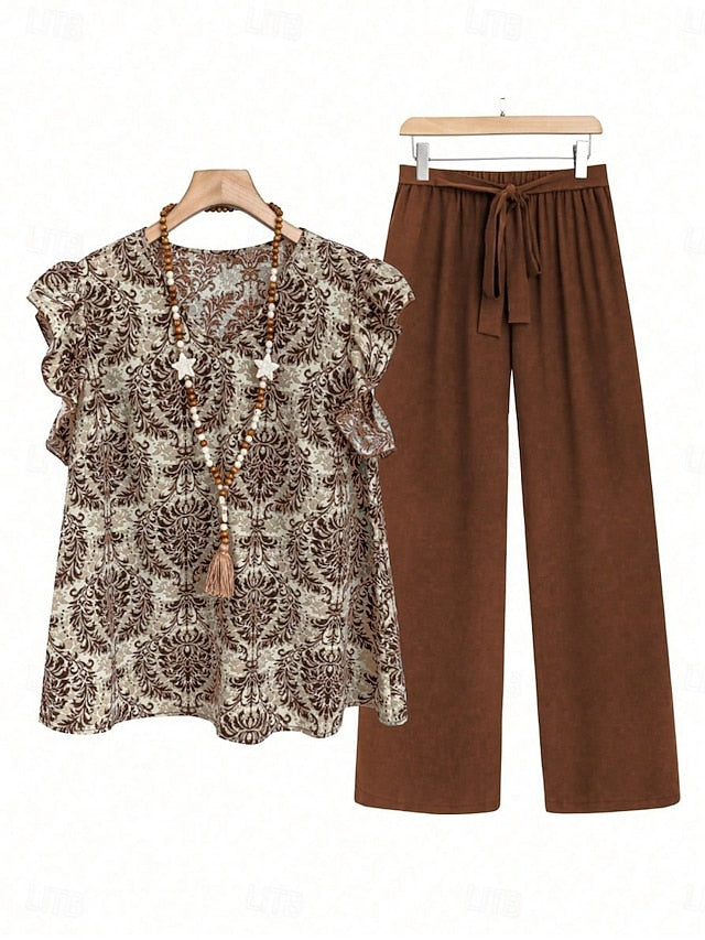Women's Blouse Wide Leg Pants Sleeveless V Neck Floral