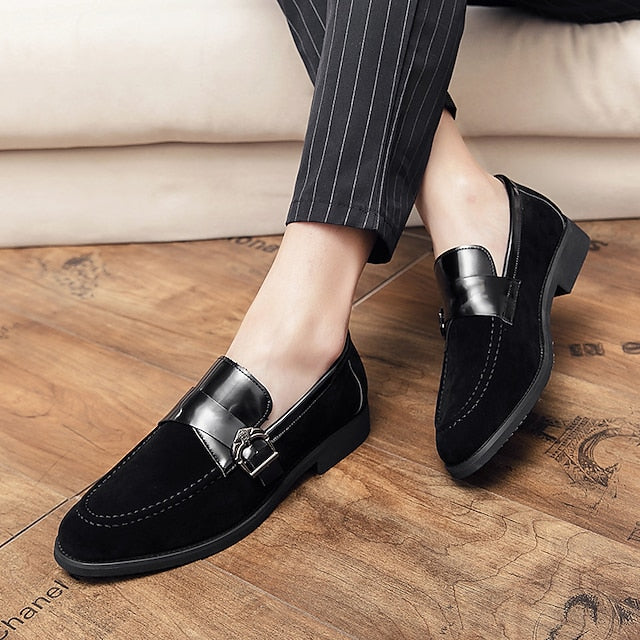 Strap Men's Leather Metal Loafers Suede with and Patent