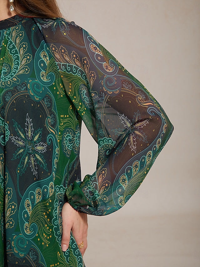 Women's Paisley Print Chiffon Peasant Top Lantern Sleeve