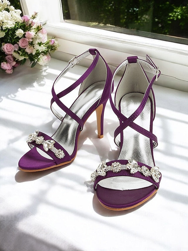 with Stiletto Rhinestone Heels Satin Women's Purple Straps