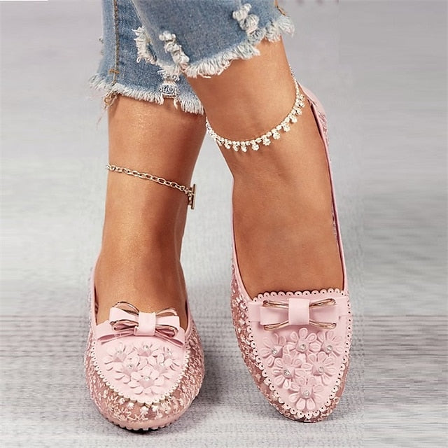 Pink Flats Floral Details - Bow with and Women's Lace
