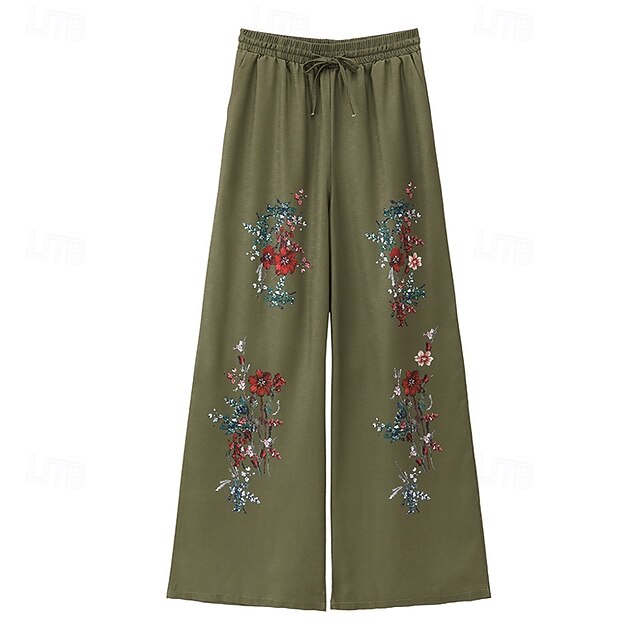 Women's Wide Leg Slacks Boho Full Length Natural Flower
