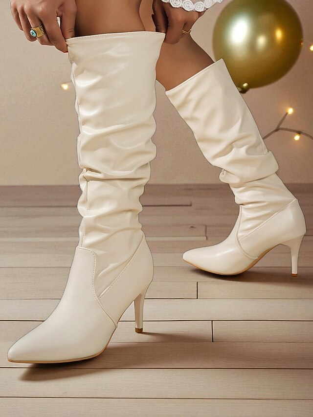 Brown - Knee Women's High Leather Faux Pointed Toe Boots