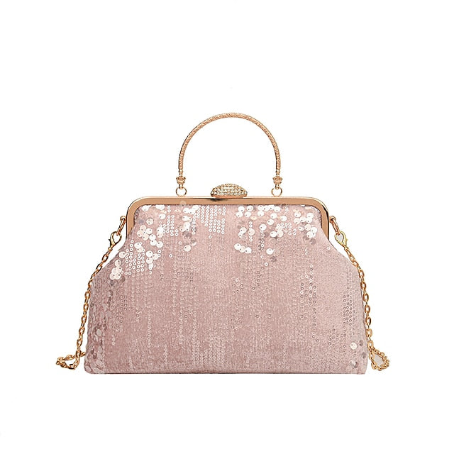 Women's Ivory Sequin Top Handle Clutch with Chain Strap,