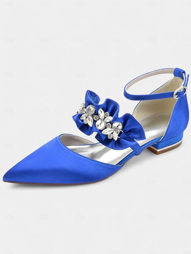 with Pointed-Toe Satin Women's Rhinestone Black Flats
