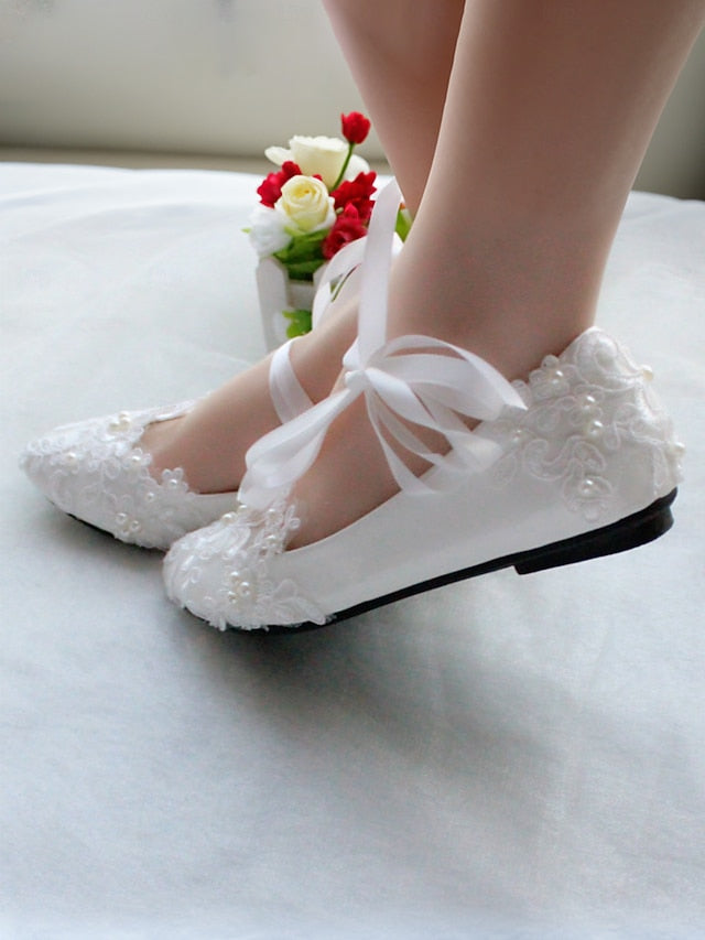 Ties Shoes Ribbon Flats Wedding Elegant - Lace Bridal with White