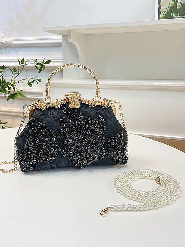 and Lace Floral Handbag Pearl with Evening White Elegant