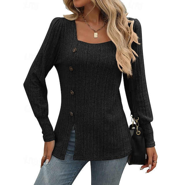 Women's Pullover Sweatshirt Casual Tops Buttons Long Sleeve