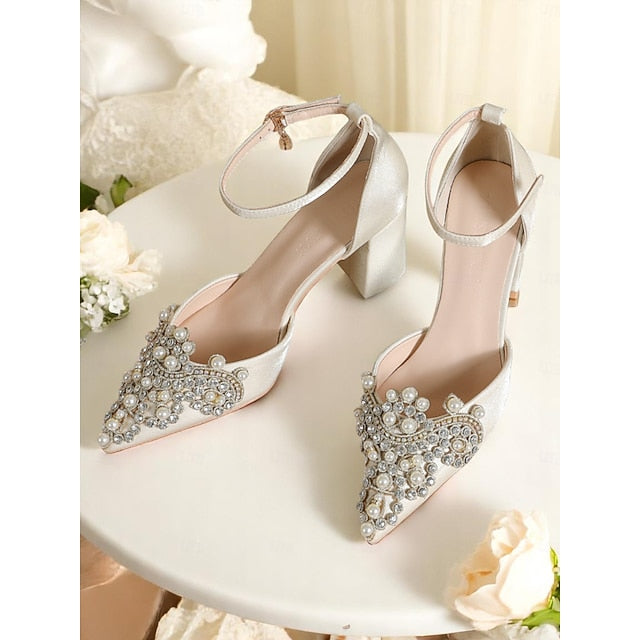 and Pearl Women's Wedding Block Embellished Rhinestone Heel
