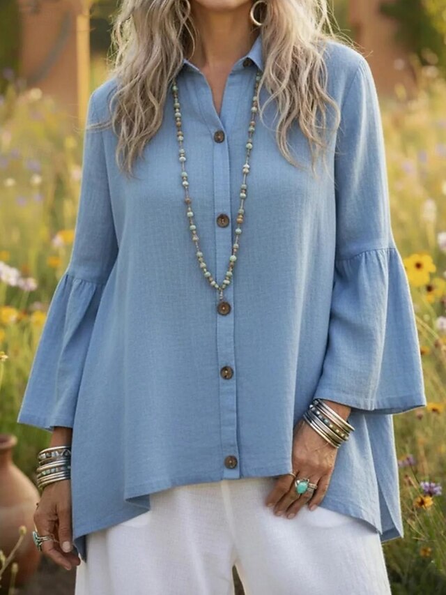 Women's Shirt Cotton Linen Shirts Blouse Patchwork Buttons