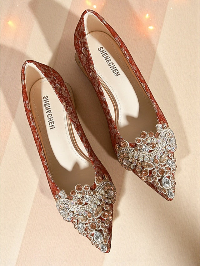 Women's Red Pointed-Toe Flats Rhinestone Embellished