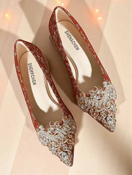 Women's Red Pointed-Toe Flats Rhinestone Embellished