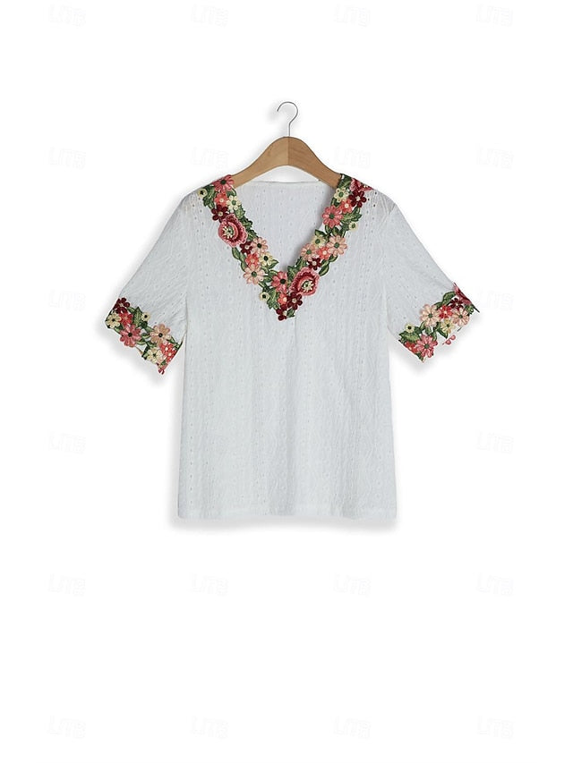 Women's White Elegant Lace Tops Eyelet Blouse Floral