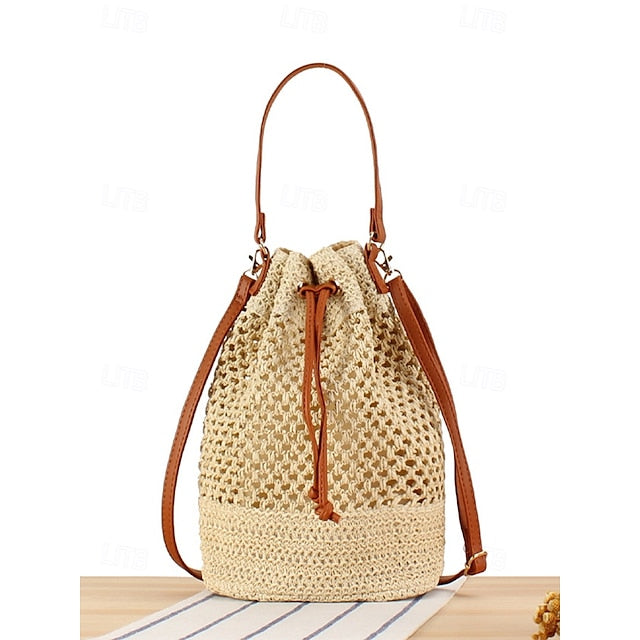 - Drawstring Summer Bucket Bag Woven Women’s Stylish with Tote