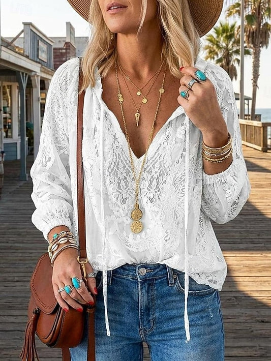 Women's Boho Lace Blouse V Neck Long Sleeve Casual