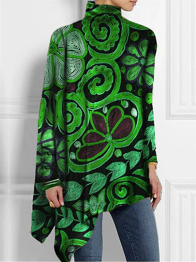 Women's T Shirt Fashion Floral Print Asymmetric Hem Long
