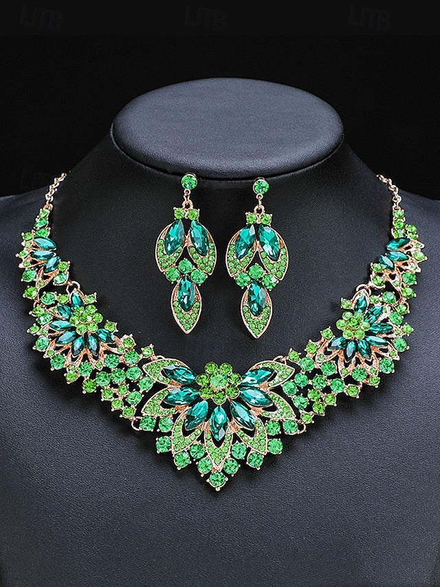 Jewelry Necklace Set – Elegant Green  Statement Crystal