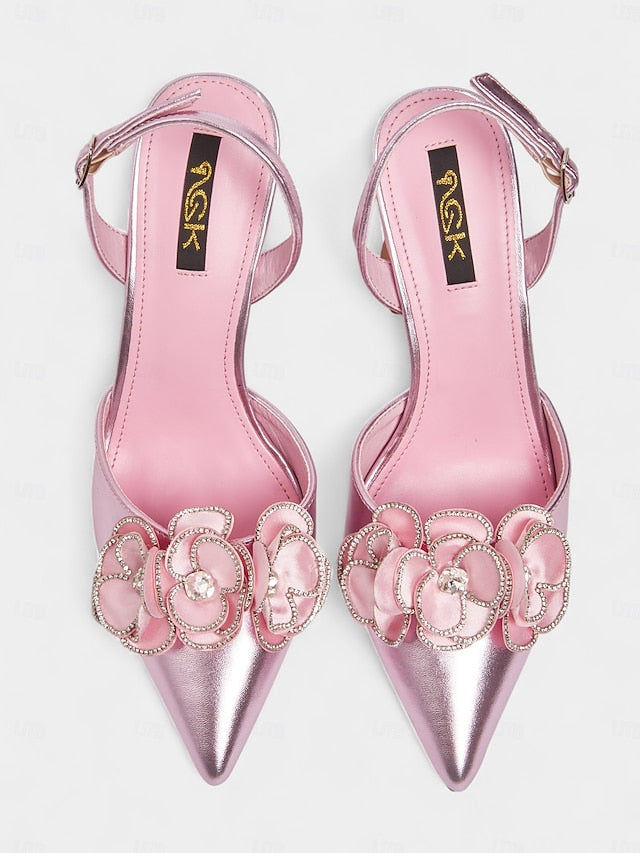 Floral Satin Heels Pointed Women's with Pink Toe