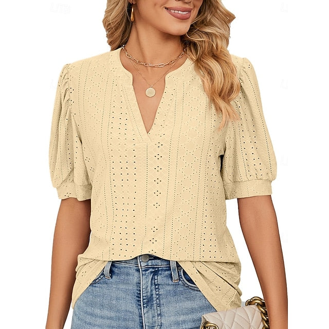 Women's T Shirt Eyelet Plain Fashion Modern Casual Short