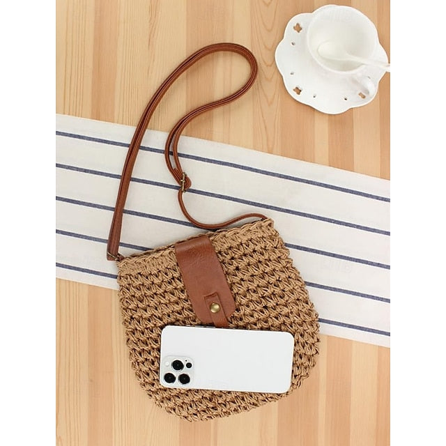 Women’s Bag Chic Leather - Strap Straw with Crossbody Woven