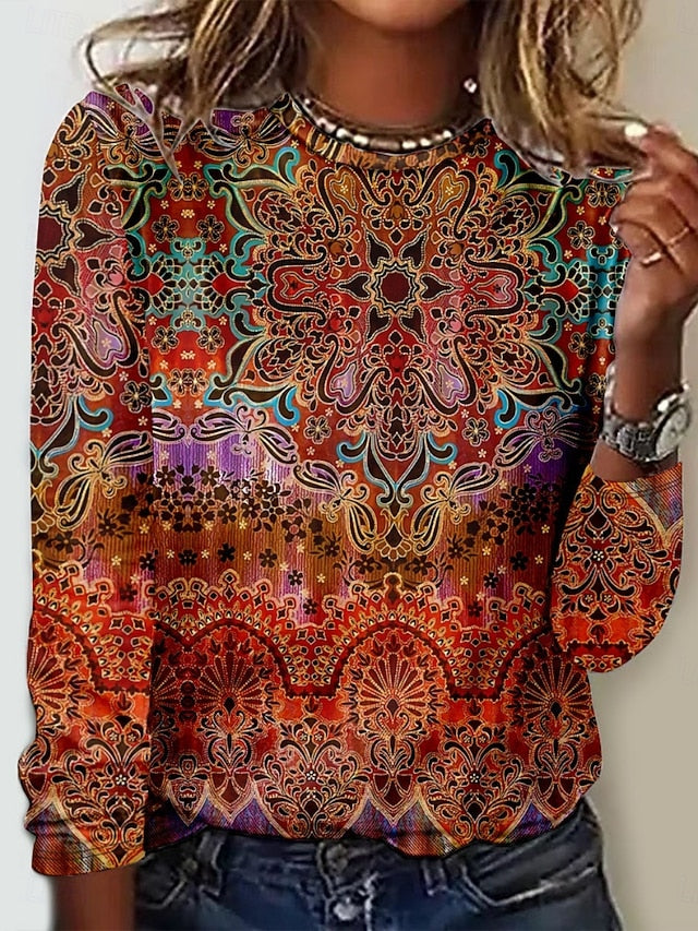 Women's T Shirt Print Floral Tribal Fashion Modern Long
