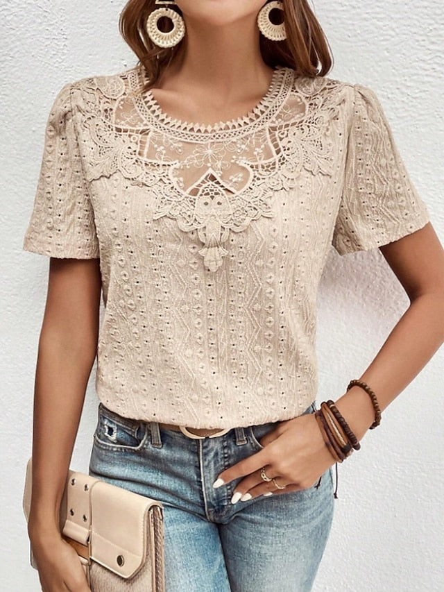 Women's T Shirt Lace Patchwork Plain Fashion Modern Casual
