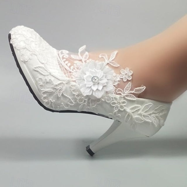 Women's Heels – White Lace Elegant Wedding Bridal Floral