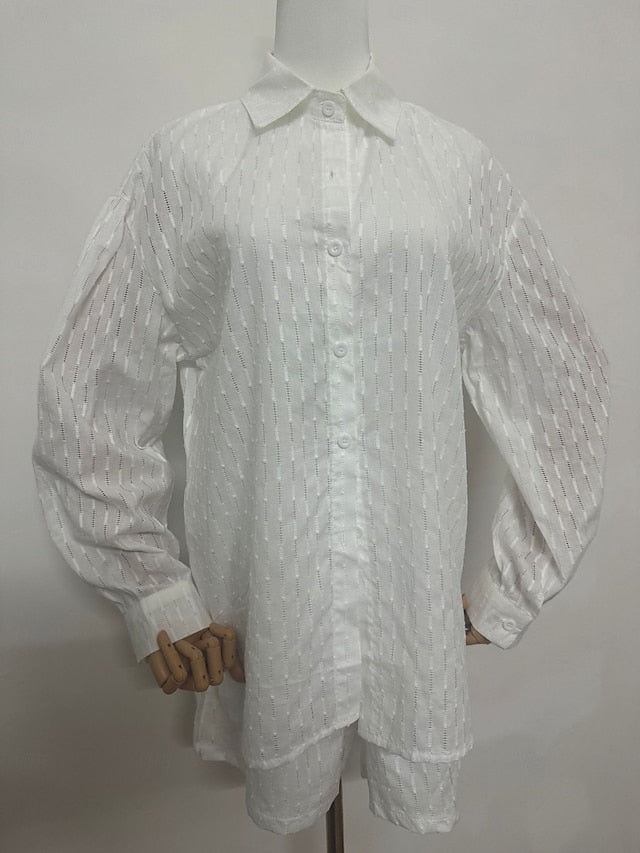 Women's Textured Shorts Sets Long Sleeve Shirt Collar Solid