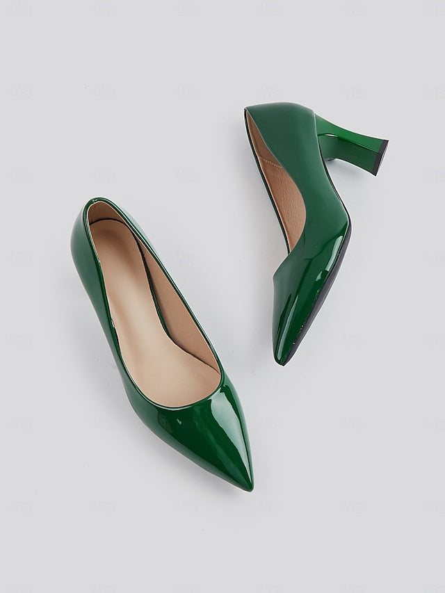 Pointed-Toe Heel Block Leather Patent Pumps Green Faux Glossy