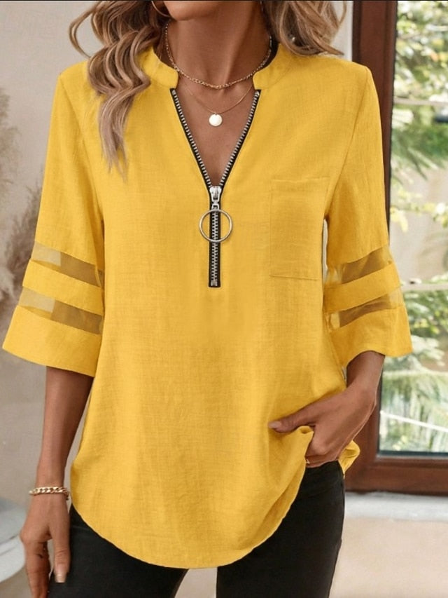 Women's Shirt Blouse Black White Yellow Plain Striped