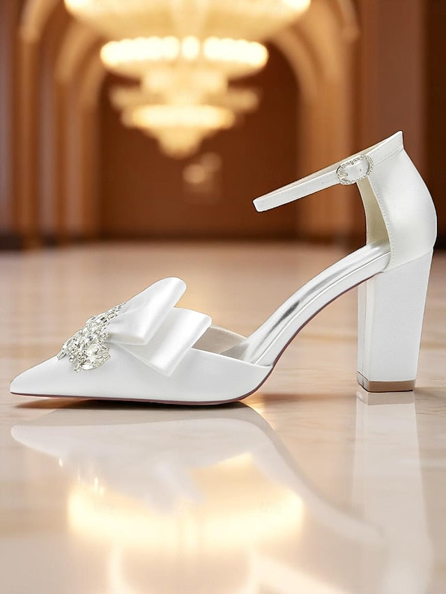 Heel with Satin Women's and Bow Block Crystal Pumps